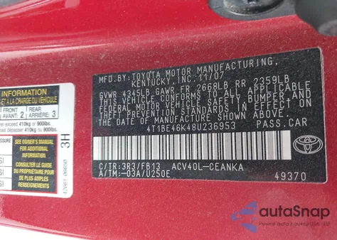 2008 Toyota Camry Le из США, поврежденный, VIN 4T1BE46K48U236953